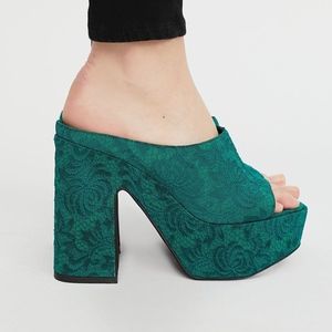 Jeffrey Campbell Green Brocade Platform Mules